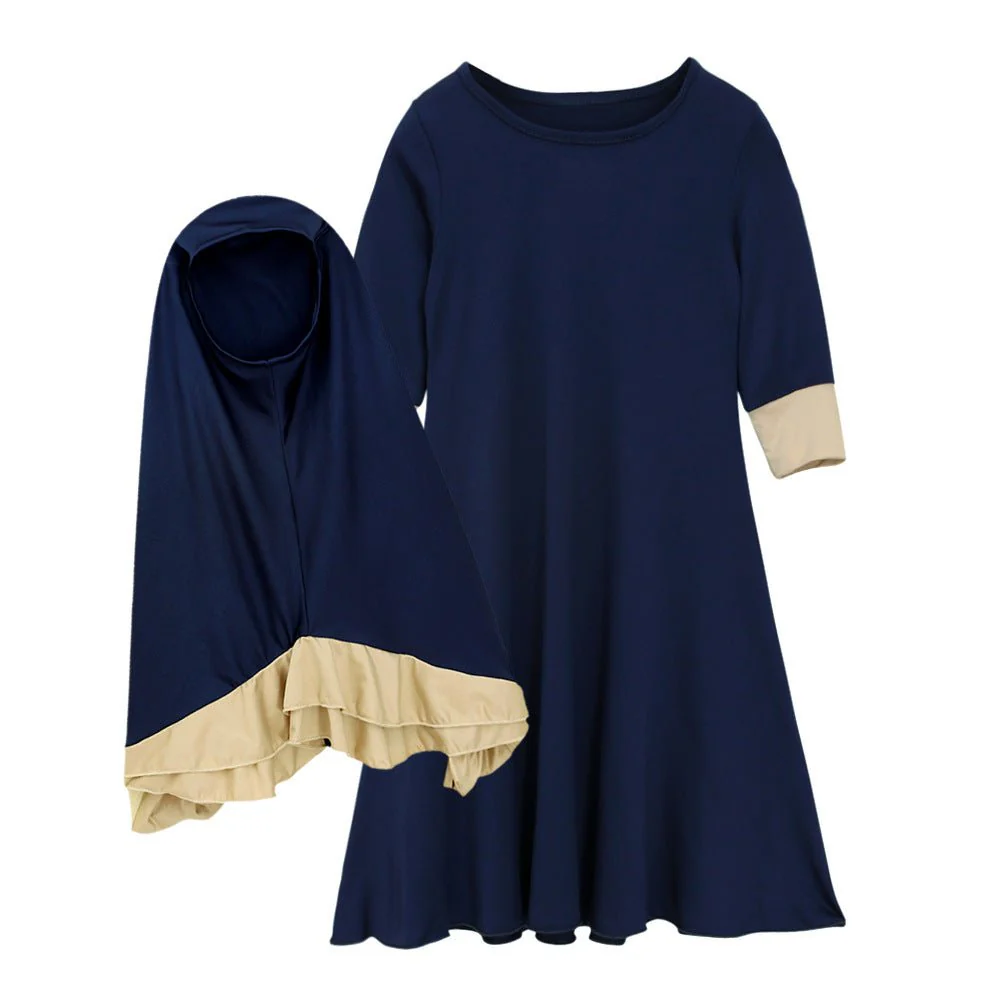 Muslim Girls Dress & Bow Hijab Set with Ruffle Trim (MKG026) - Image 16