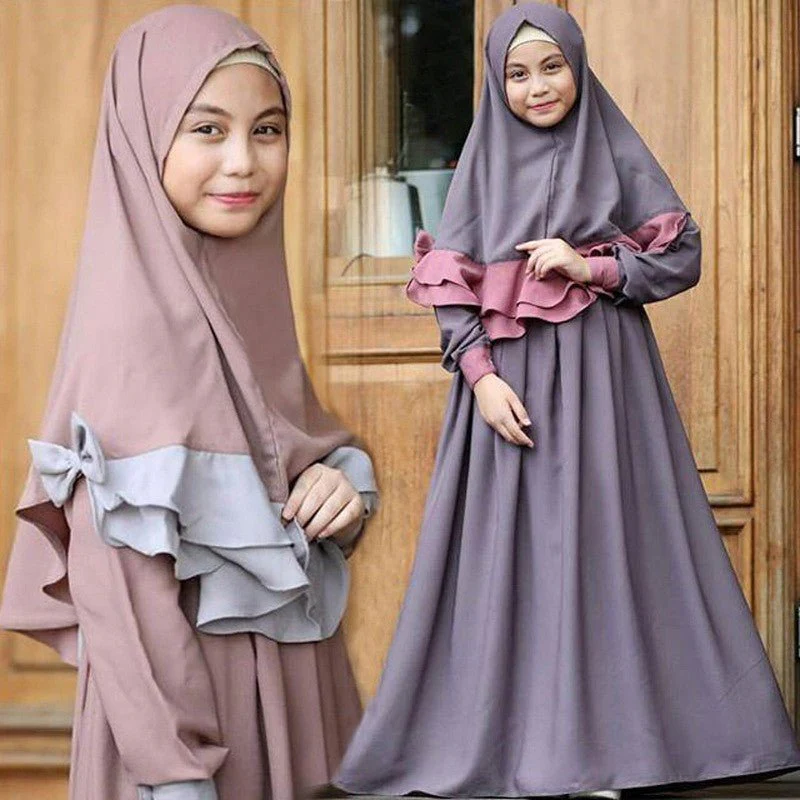 Muslim Girls Dress & Bow Hijab Set with Ruffle Trim (MKG026) - Image 2