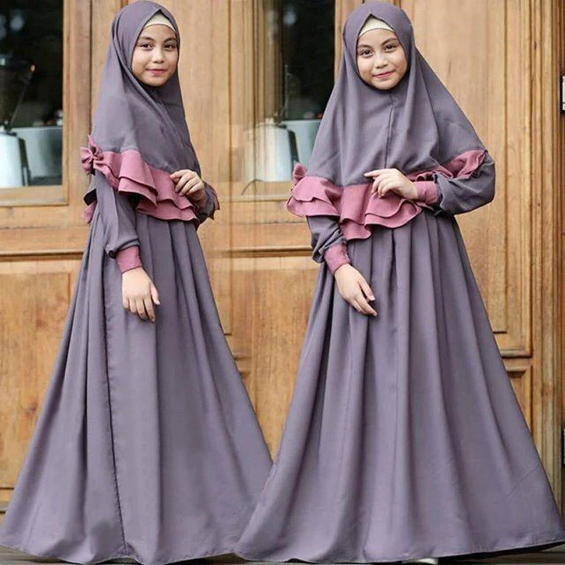 Muslim Girls Dress & Bow Hijab Set with Ruffle Trim (MKG026) - Image 3