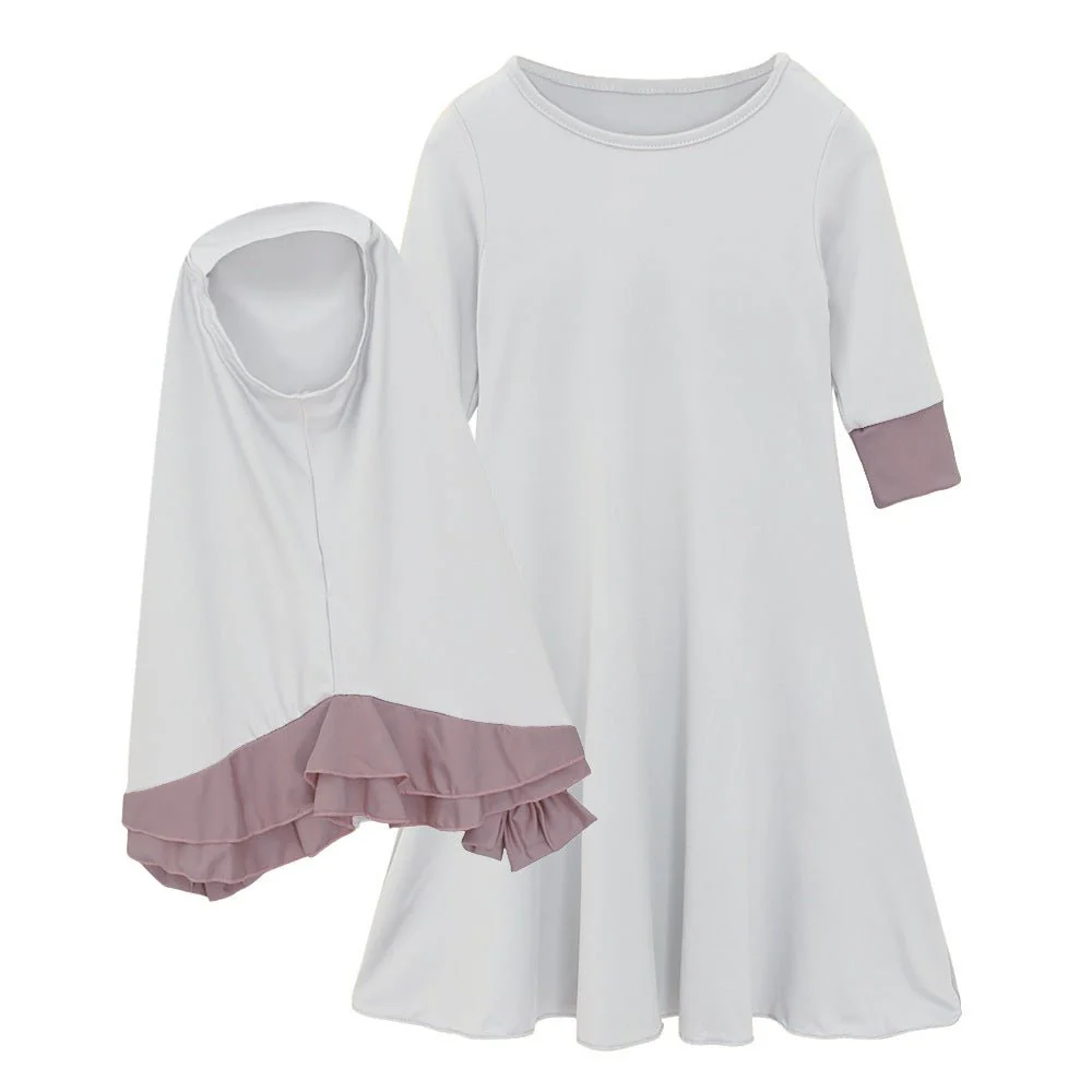 Muslim Girls Dress & Bow Hijab Set with Ruffle Trim (MKG026) - Image 5