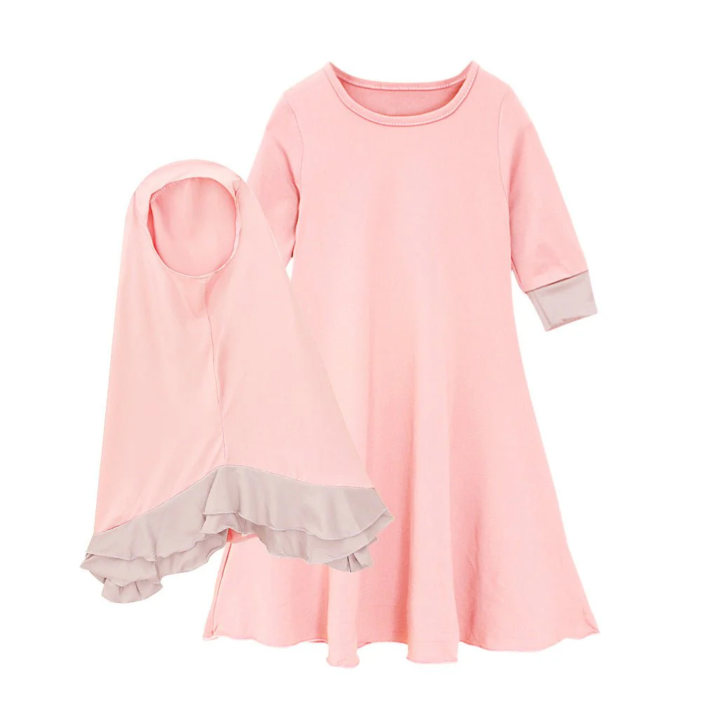 Muslim Girls Dress & Bow Hijab Set with Ruffle Trim (MKG026) - Image 7