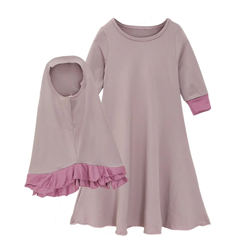Muslim Girls Dress & Bow Hijab Set with Ruffle Trim (MKG026) - Image 8