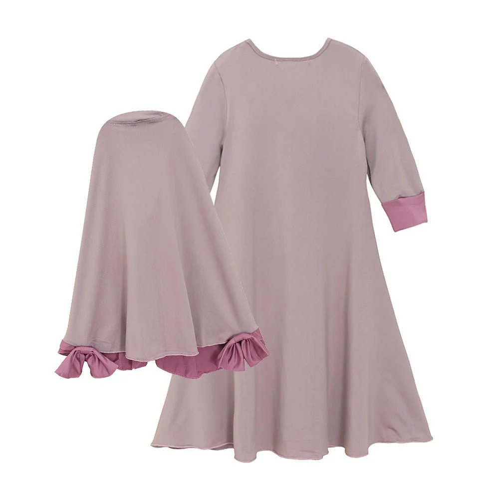 Muslim Girls Dress & Bow Hijab Set with Ruffle Trim (MKG026) - Image 9