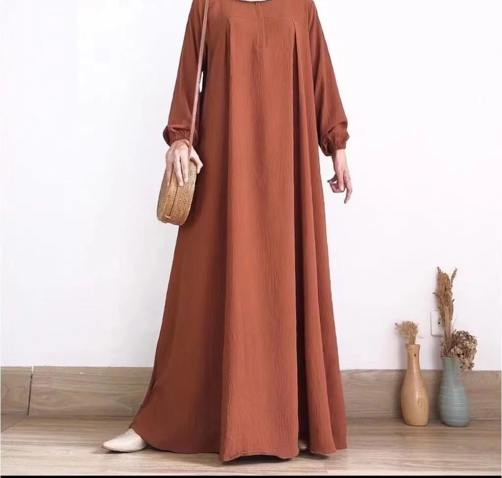 Muslim Luxury Autumn Hues Bubble Sleeve Dress | Modest Robe with Placket Zip (MA255) - Image 10
