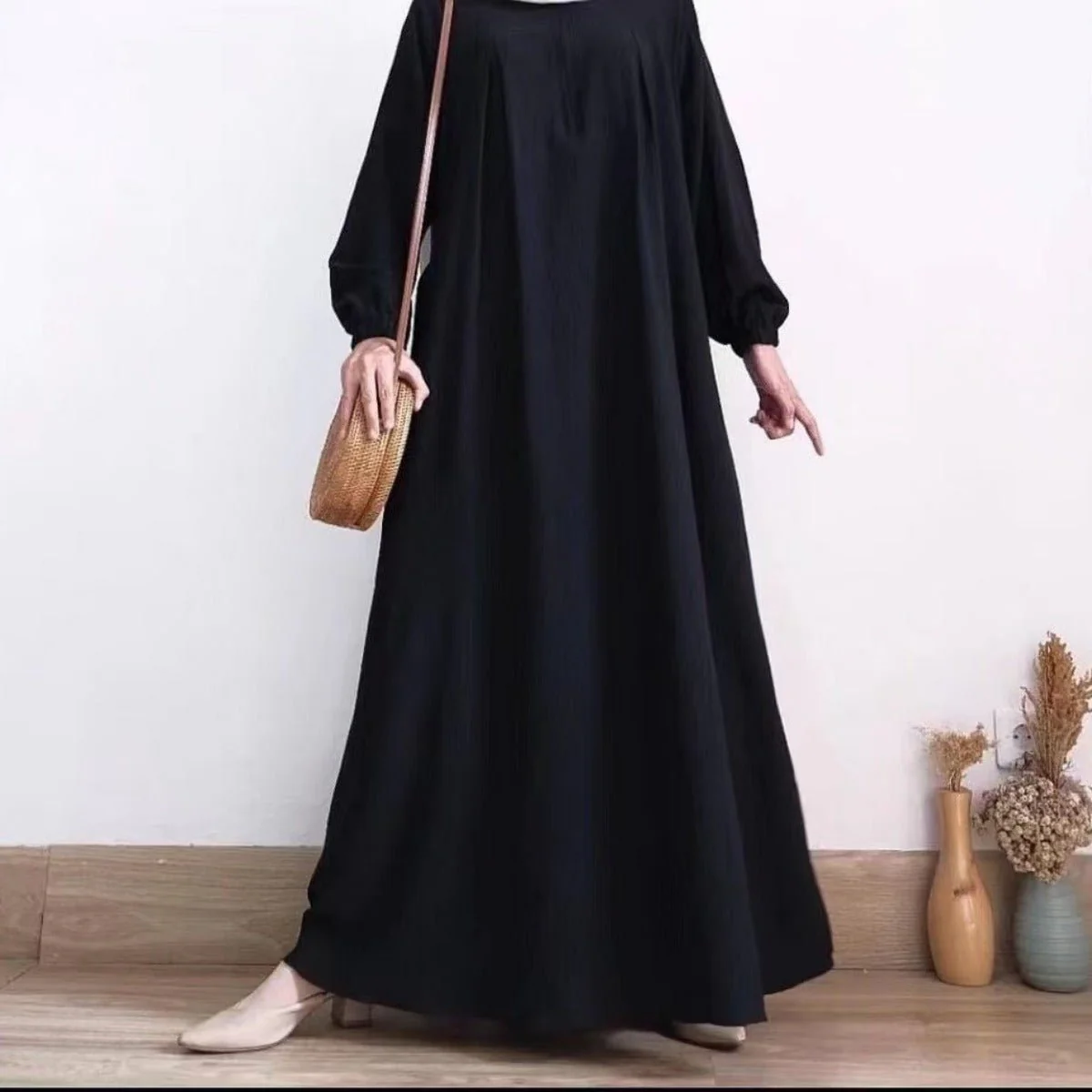 Muslim Luxury Autumn Hues Bubble Sleeve Dress | Modest Robe with Placket Zip (MA255) - Image 3