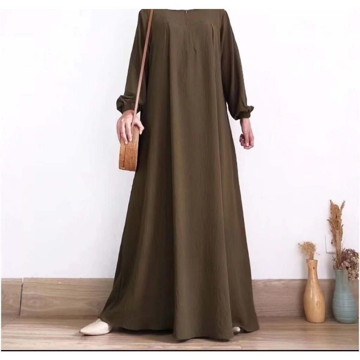 Muslim Luxury Autumn Hues Bubble Sleeve Dress | Modest Robe with Placket Zip (MA255) - Image 4