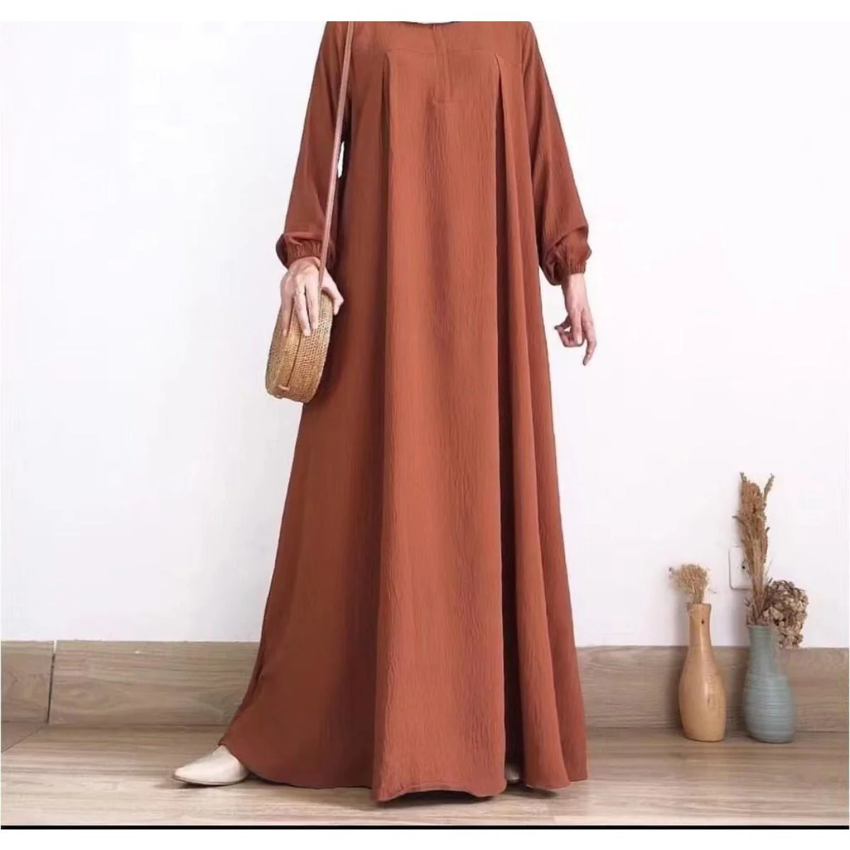 Muslim Luxury Autumn Hues Bubble Sleeve Dress | Modest Robe with Placket Zip (MA255) - Image 5