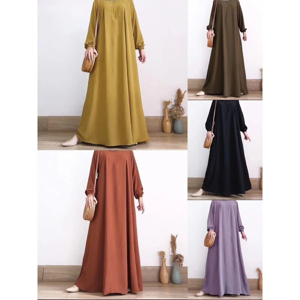 Muslim Luxury Autumn Hues Bubble Sleeve Dress | Modest Robe with Placket Zip (MA255) - Image 8