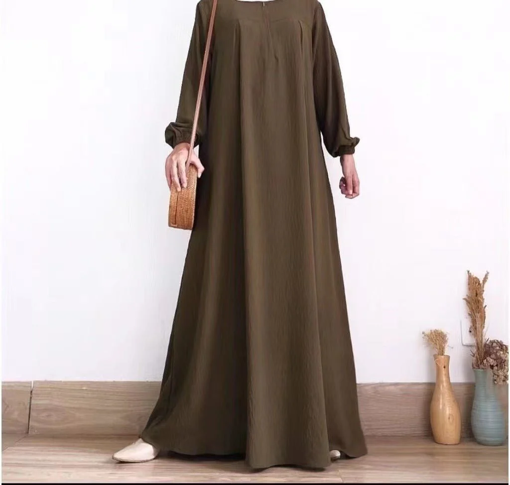 Muslim Luxury Autumn Hues Bubble Sleeve Dress | Modest Robe with Placket Zip (MA255) - Image 9