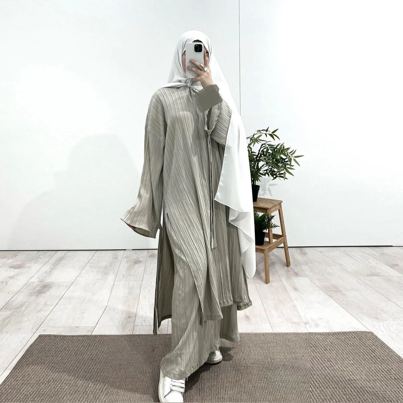 Muslim Modest Fashion Wrinkle-Texture Robe Skirt Set(MS103) - Image 10