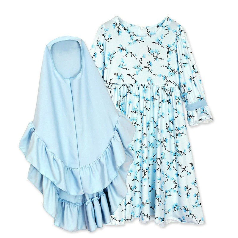 Muslimah Girls Blue Floral Dress & Khimar Set (MKG027) - Image 3
