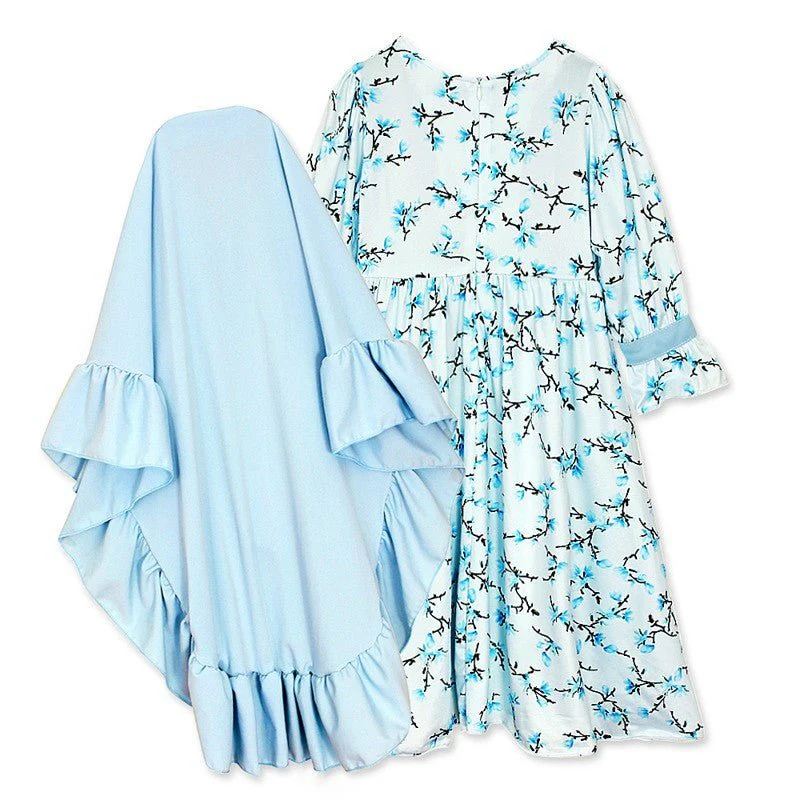 Muslimah Girls Blue Floral Dress & Khimar Set (MKG027) - Image 4