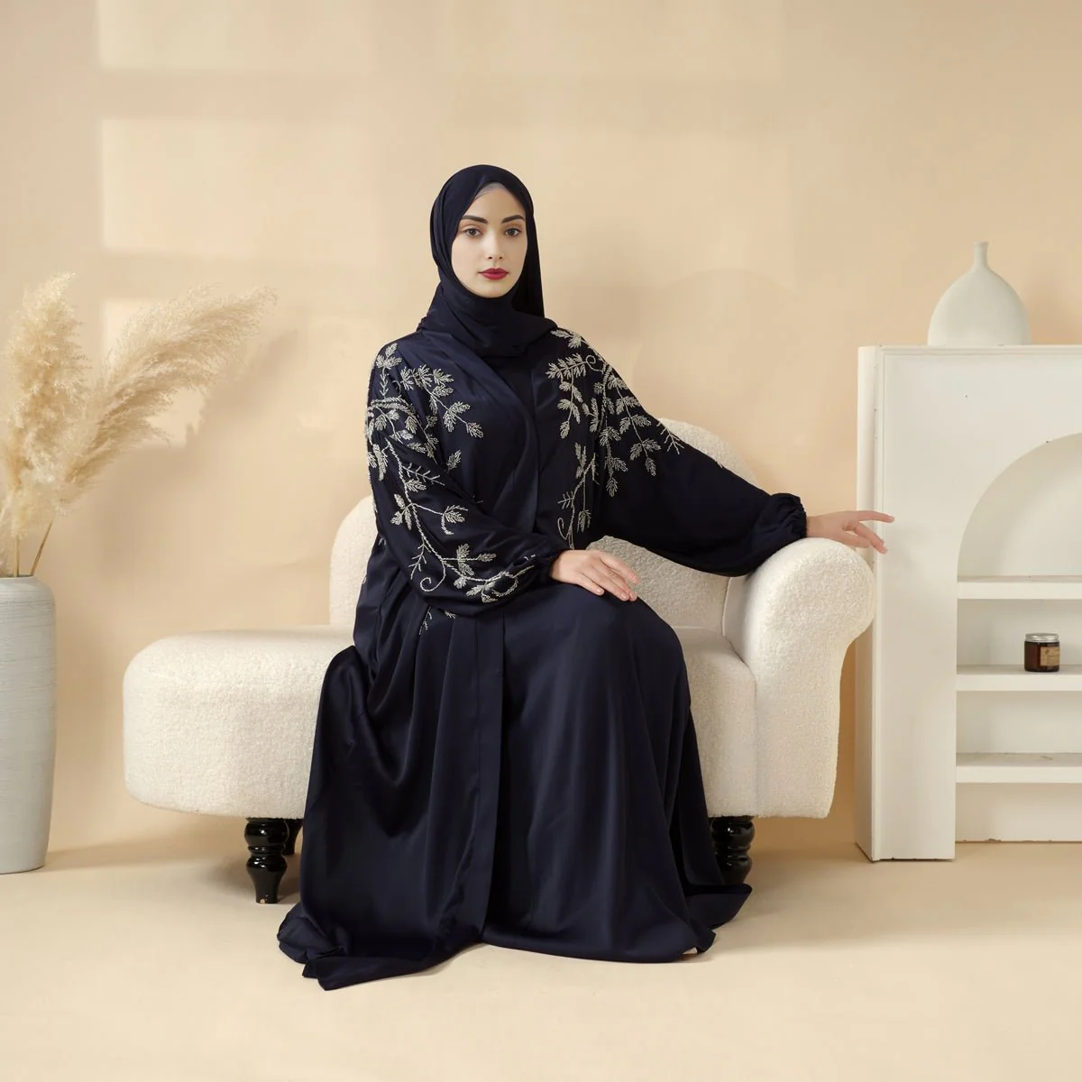 Navy Blue Pleated Abaya Set | Beaded Robe Abaya with Silver Embroidery (MOA168) - Image 3