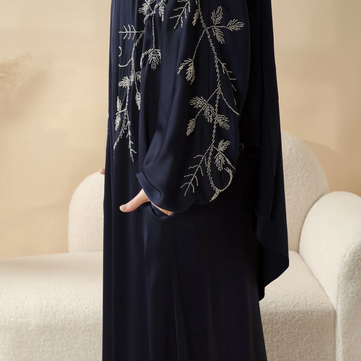 Navy Blue Pleated Abaya Set | Beaded Robe Abaya with Silver Embroidery (MOA168) - Image 4