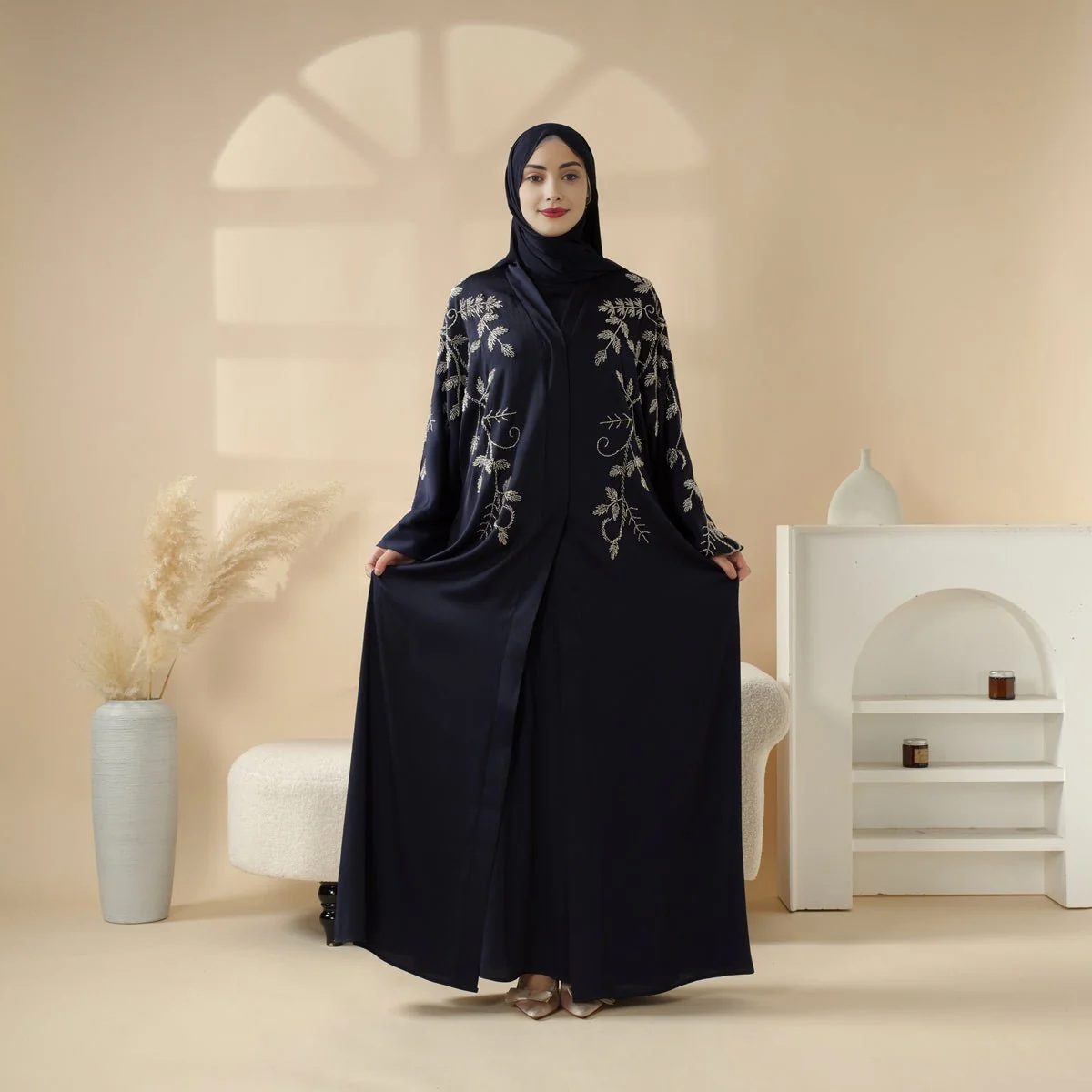 Navy Blue Pleated Abaya Set | Beaded Robe Abaya with Silver Embroidery (MOA168) - Image 5