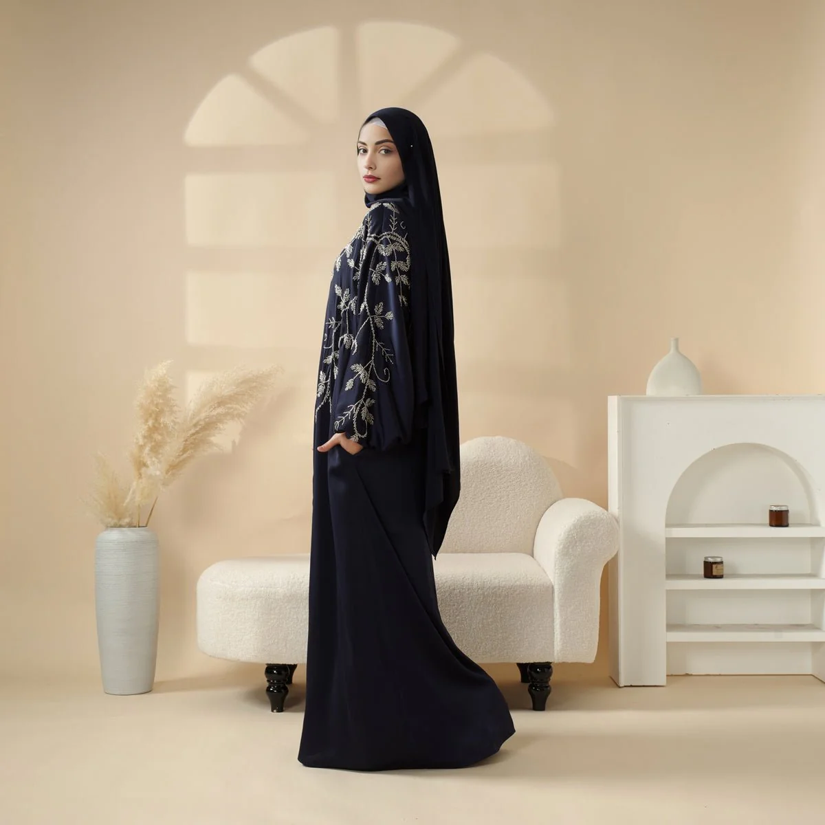 Navy Blue Pleated Abaya Set | Beaded Robe Abaya with Silver Embroidery (MOA168) - Image 6