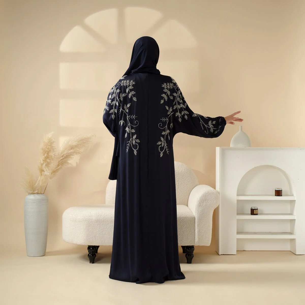 Navy Blue Pleated Abaya Set | Beaded Robe Abaya with Silver Embroidery (MOA168) - Image 7