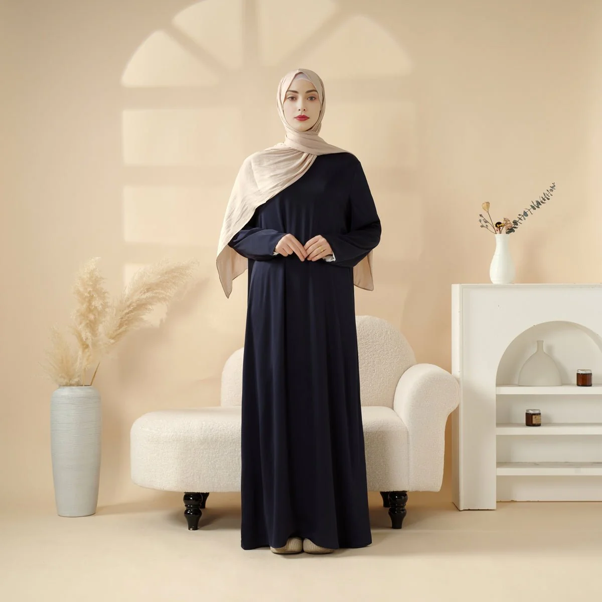 Navy Blue Pleated Abaya Set | Beaded Robe Abaya with Silver Embroidery (MOA168) - Image 8