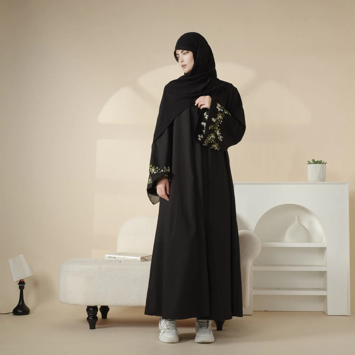 Olive Branch Embroidered Linen Abaya Set With Matching Belt & Hijab (MOA037) - Image 10