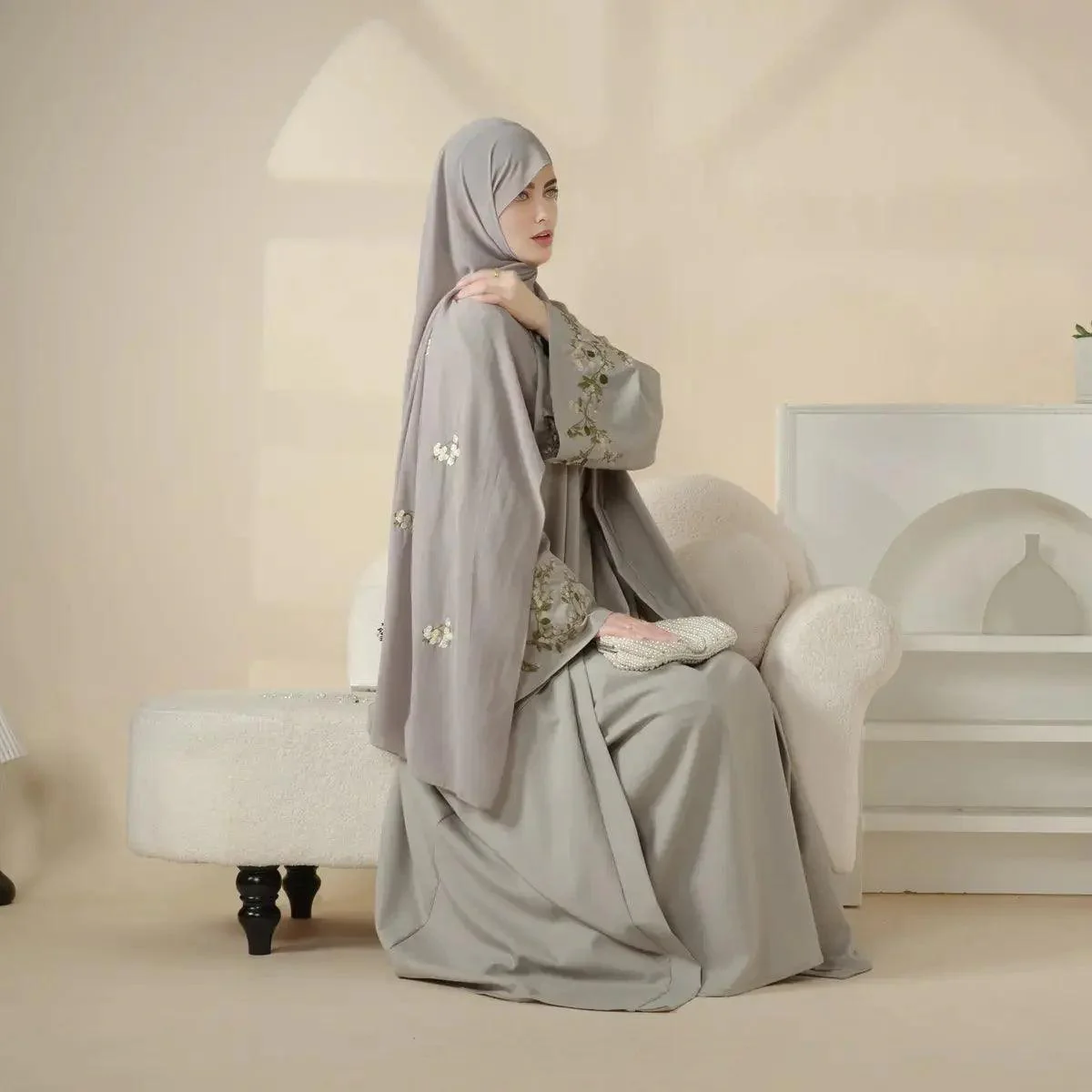 Olive Branch Embroidered Linen Abaya Set With Matching Belt & Hijab (MOA037) - Image 11