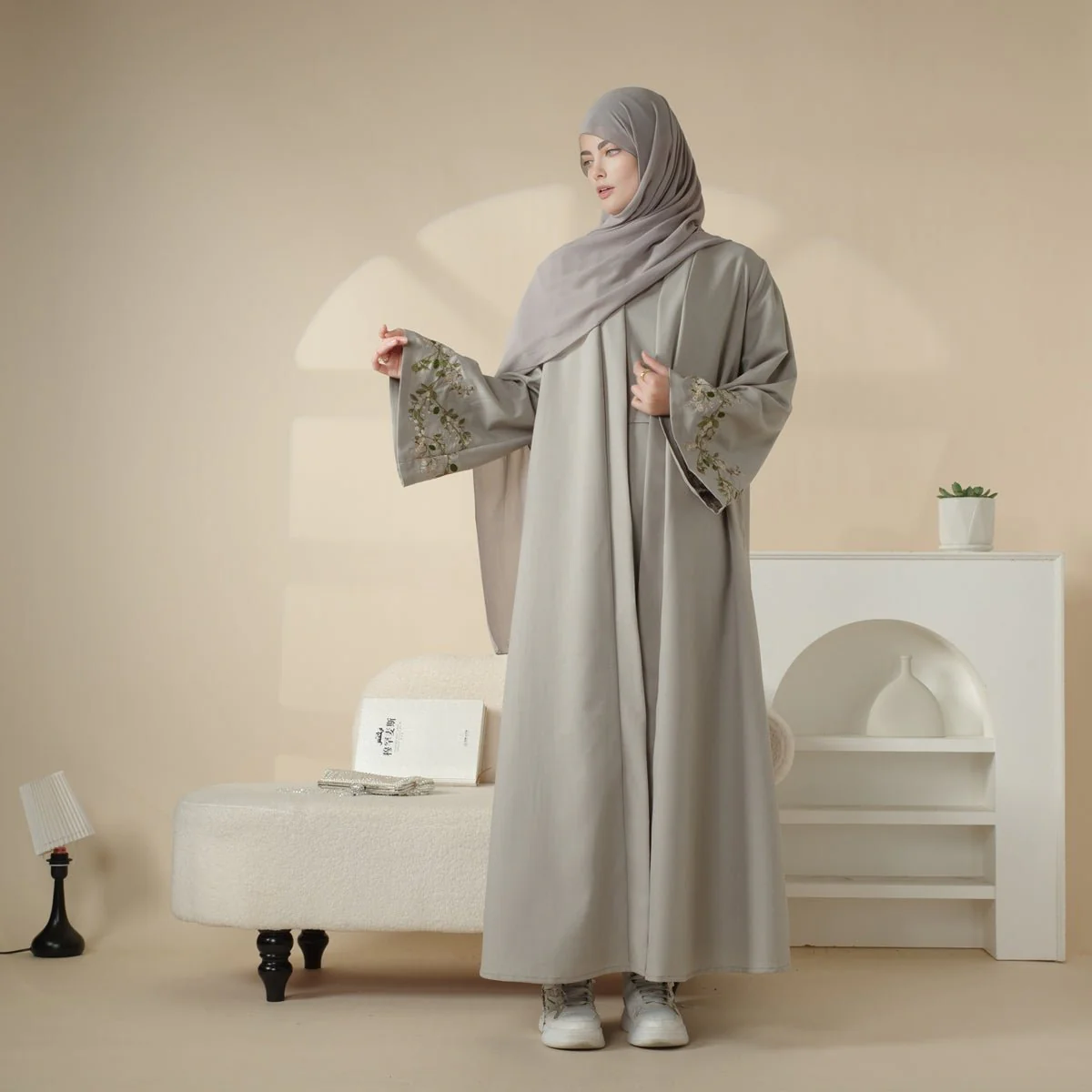 Olive Branch Embroidered Linen Abaya Set With Matching Belt & Hijab (MOA037) - Image 12