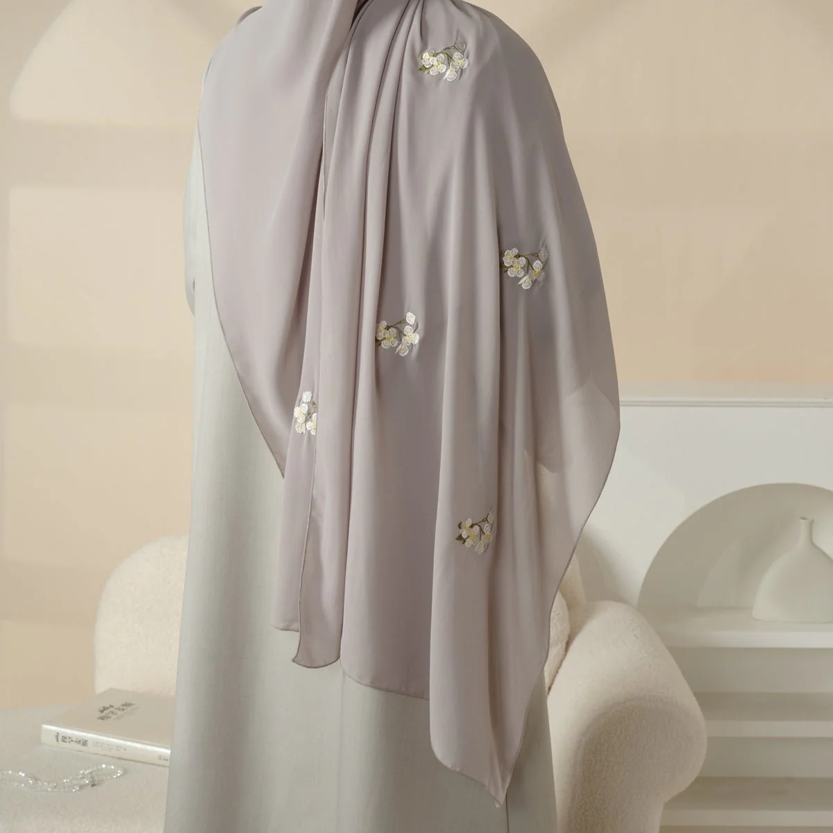 Olive Branch Embroidered Linen Abaya Set With Matching Belt & Hijab (MOA037) - Image 13