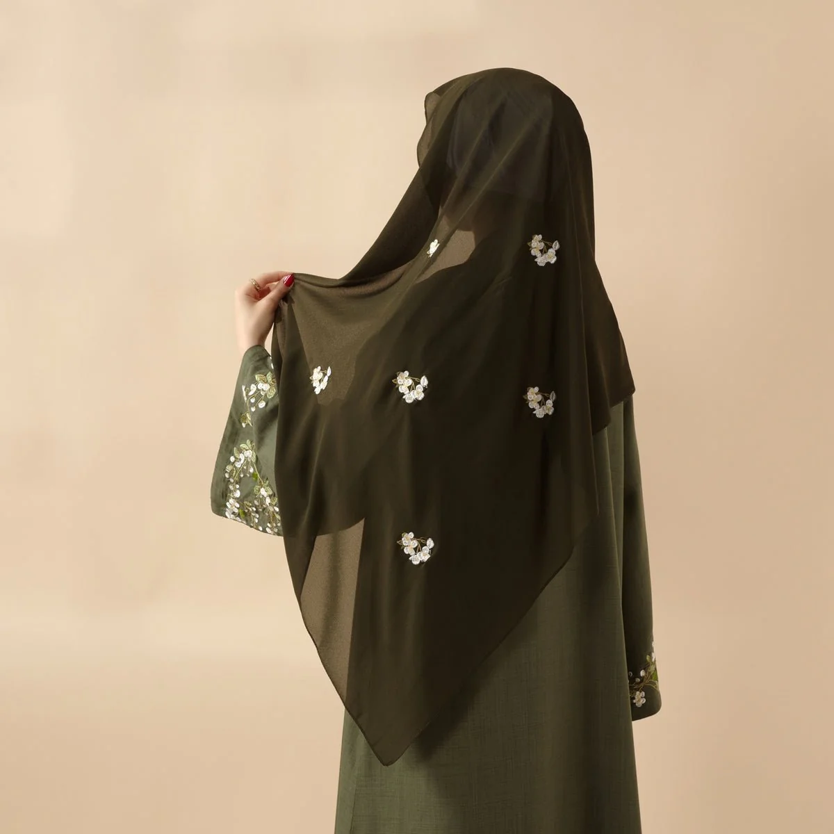 Olive Branch Embroidered Linen Abaya Set With Matching Belt & Hijab (MOA037) - Image 5