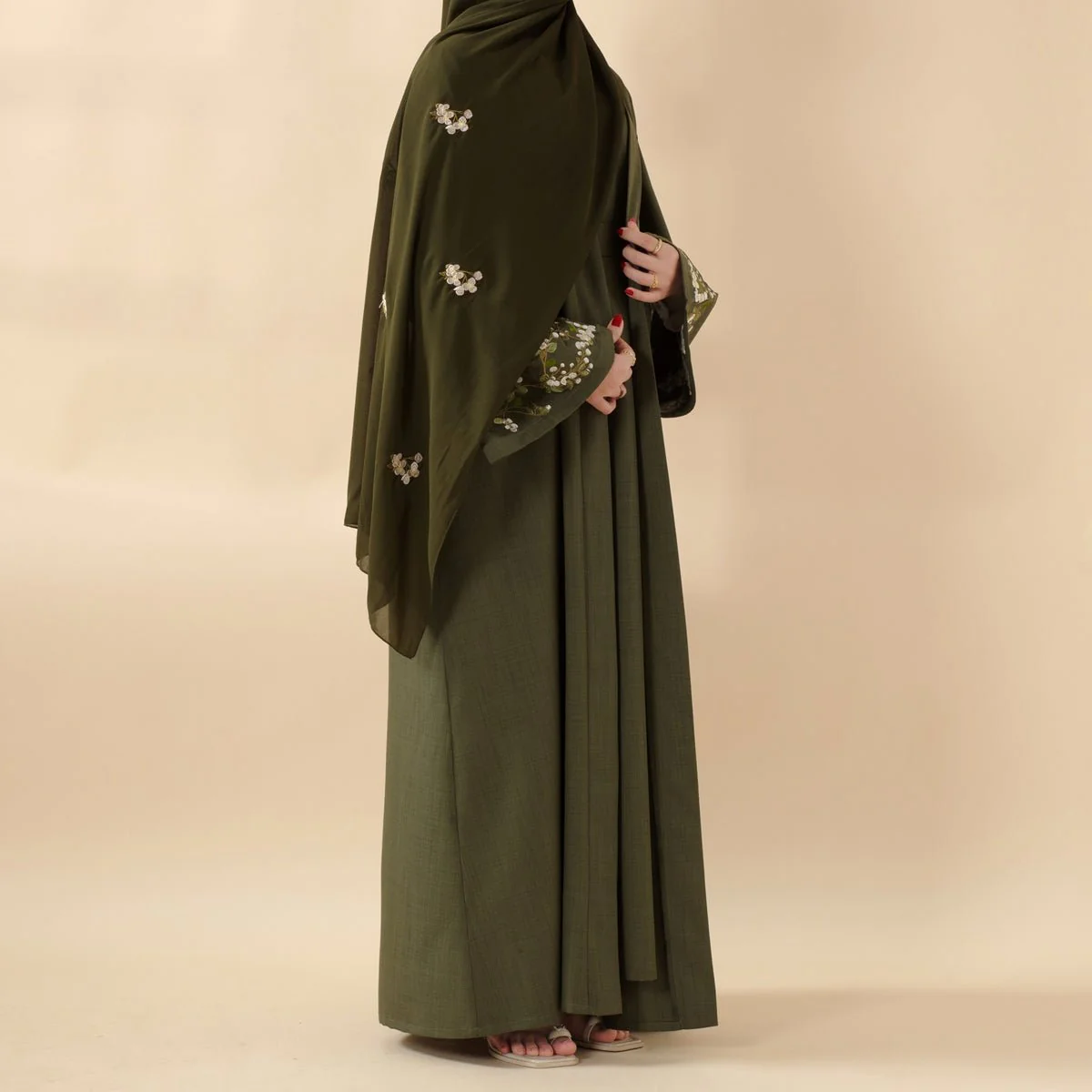 Olive Branch Embroidered Linen Abaya Set With Matching Belt & Hijab (MOA037) - Image 6