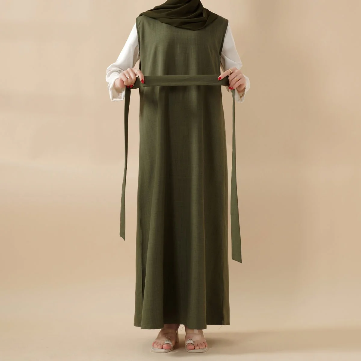 Olive Branch Embroidered Linen Abaya Set With Matching Belt & Hijab (MOA037) - Image 7