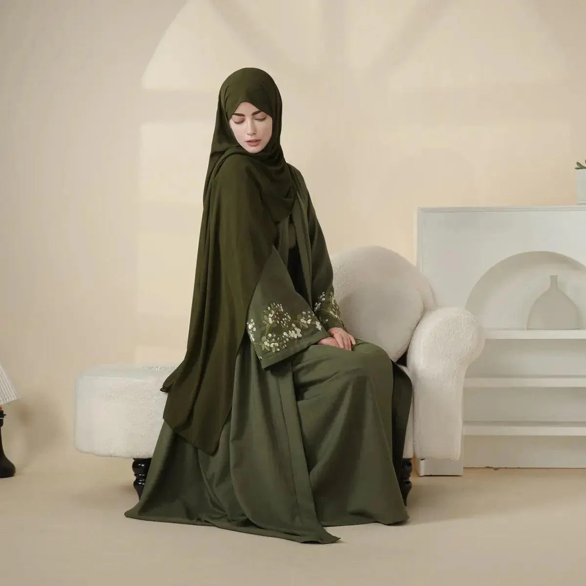 Olive Branch Embroidered Linen Abaya Set With Matching Belt & Hijab (MOA037) - Image 8