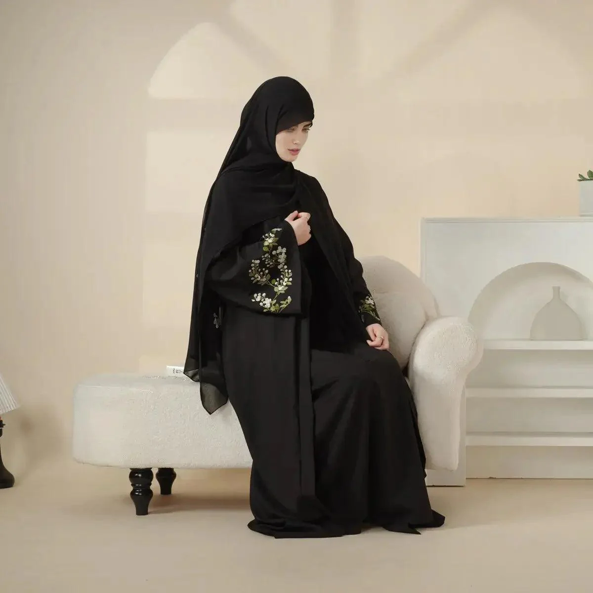 Olive Branch Embroidered Linen Abaya Set With Matching Belt & Hijab (MOA037) - Image 9