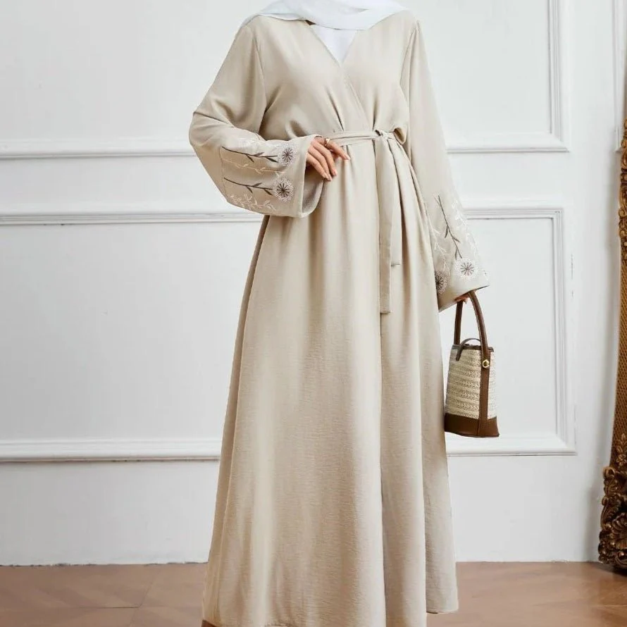 Olive Green Embroidered Abaya Set | Muslim Fashion Cardigan with Belt & Floral Embroidery (MOA166) - Image 10