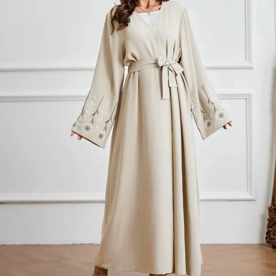 Olive Green Embroidered Abaya Set | Muslim Fashion Cardigan with Belt & Floral Embroidery (MOA166) - Image 11