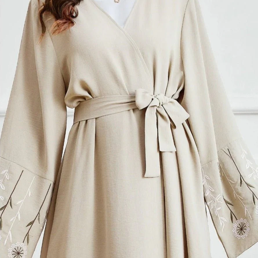 Olive Green Embroidered Abaya Set | Muslim Fashion Cardigan with Belt & Floral Embroidery (MOA166) - Image 14