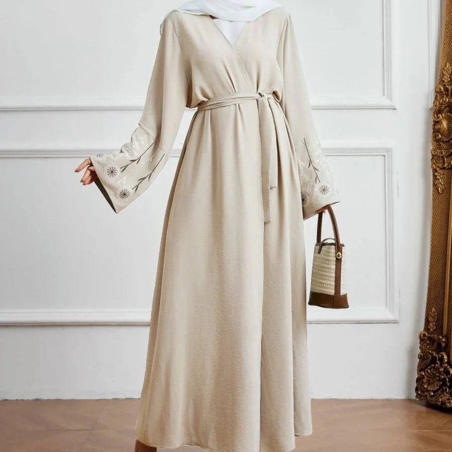 Olive Green Embroidered Abaya Set | Muslim Fashion Cardigan with Belt & Floral Embroidery (MOA166) - Image 17