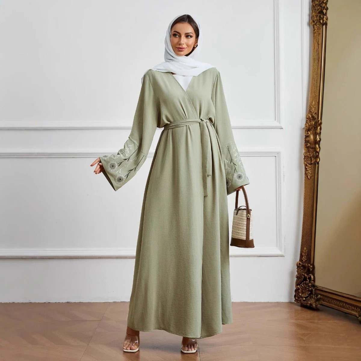 Olive Green Embroidered Abaya Set | Muslim Fashion Cardigan with Belt & Floral Embroidery (MOA166) - Image 2