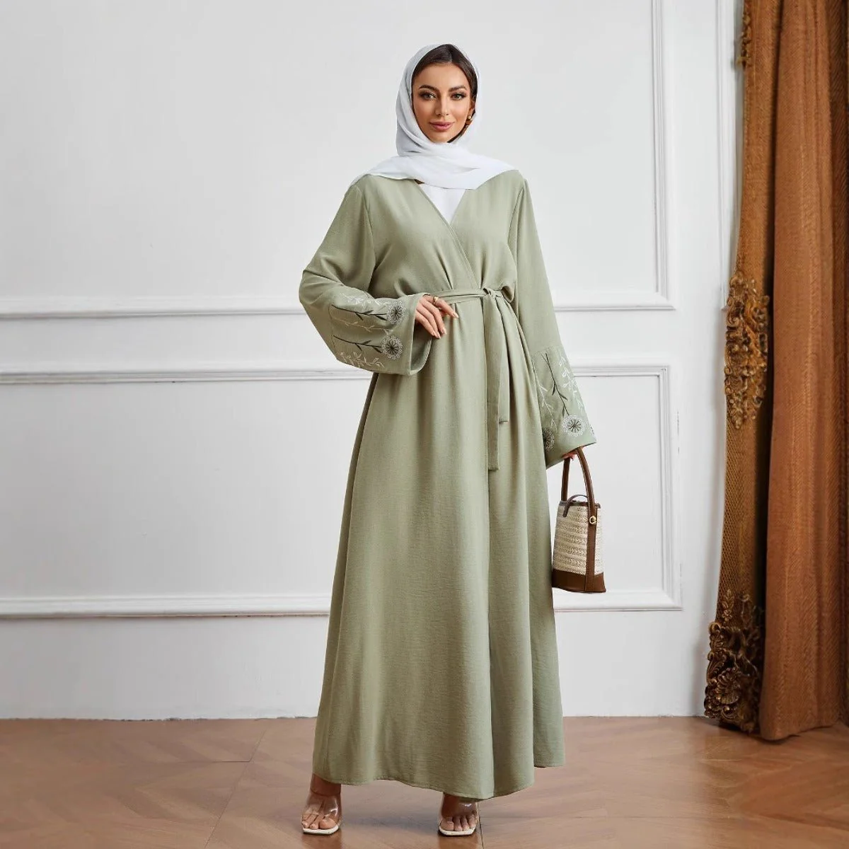 Olive Green Embroidered Abaya Set | Muslim Fashion Cardigan with Belt & Floral Embroidery (MOA166) - Image 3