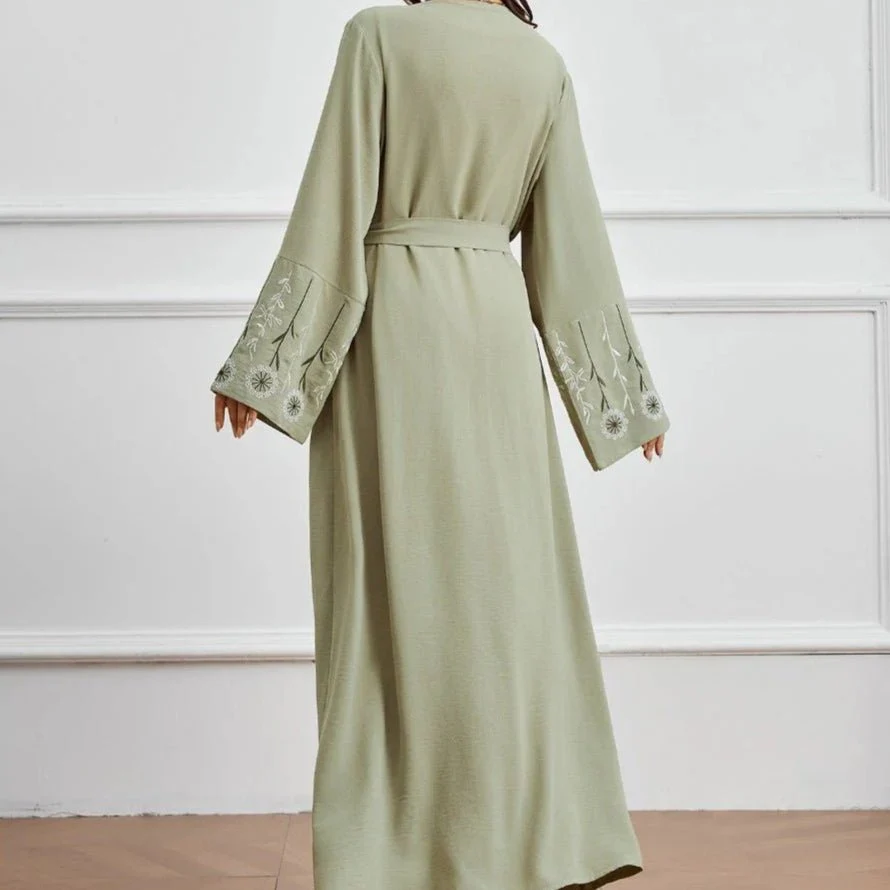 Olive Green Embroidered Abaya Set | Muslim Fashion Cardigan with Belt & Floral Embroidery (MOA166) - Image 4