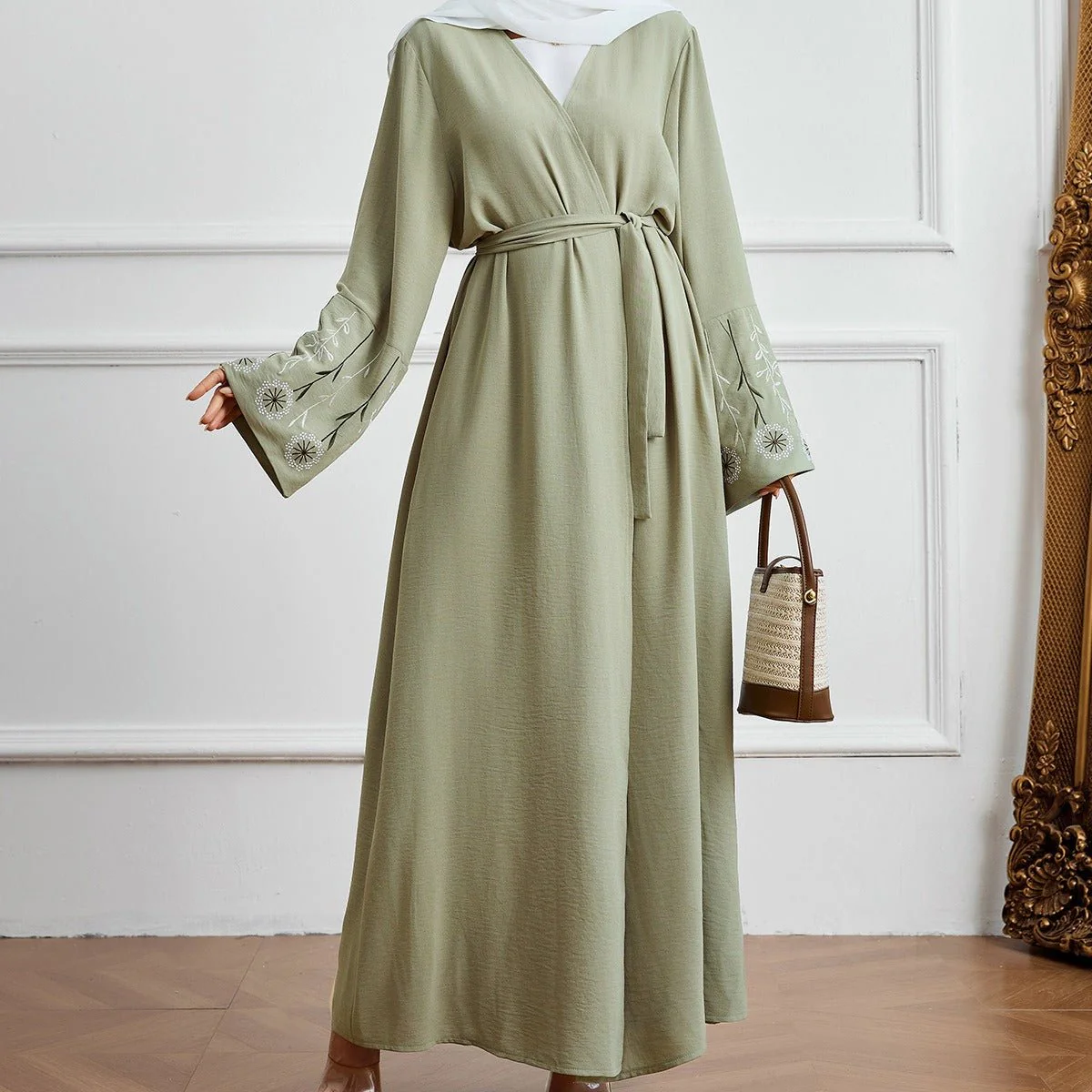 Olive Green Embroidered Abaya Set | Muslim Fashion Cardigan with Belt & Floral Embroidery (MOA166) - Image 5