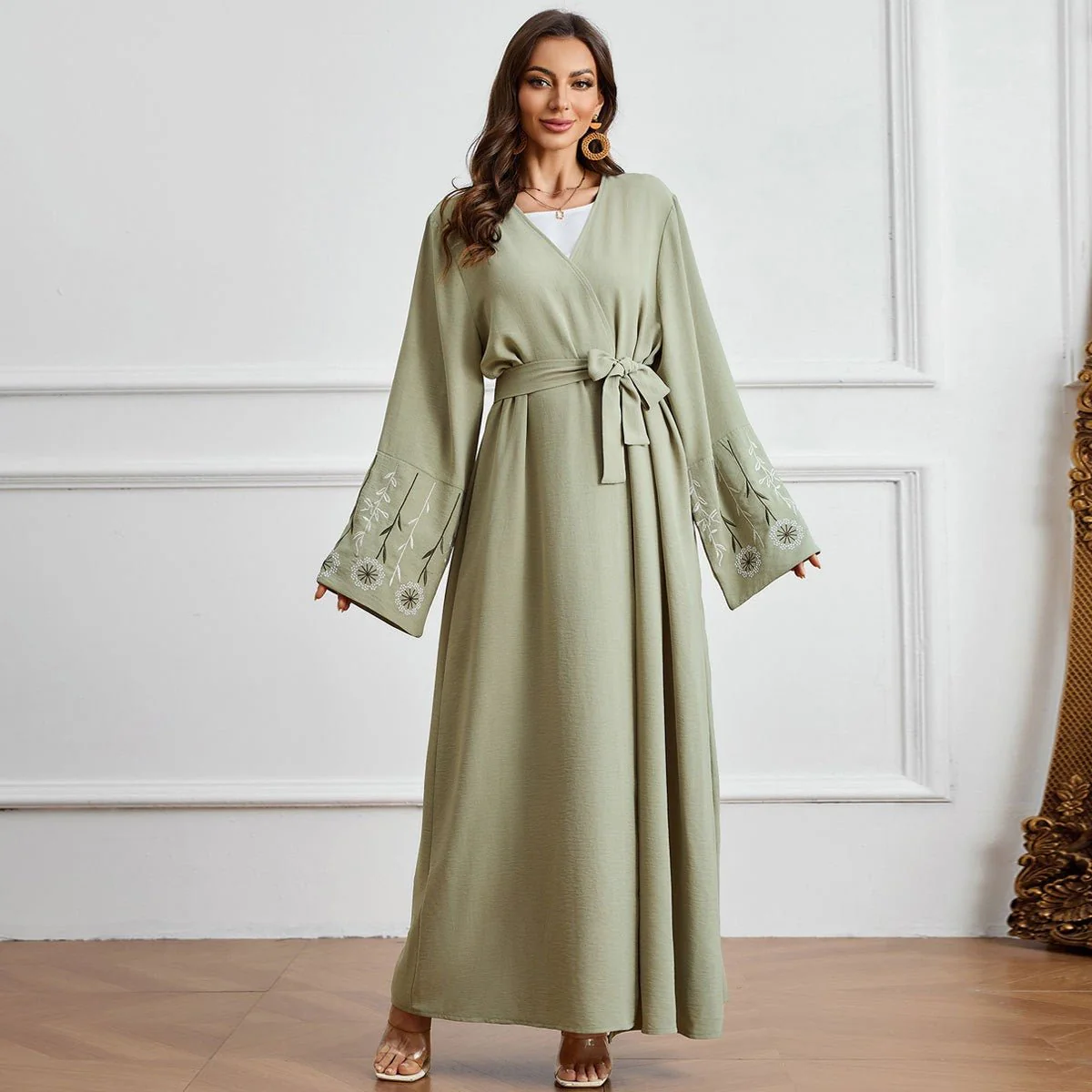 Olive Green Embroidered Abaya Set | Muslim Fashion Cardigan with Belt & Floral Embroidery (MOA166) - Image 6