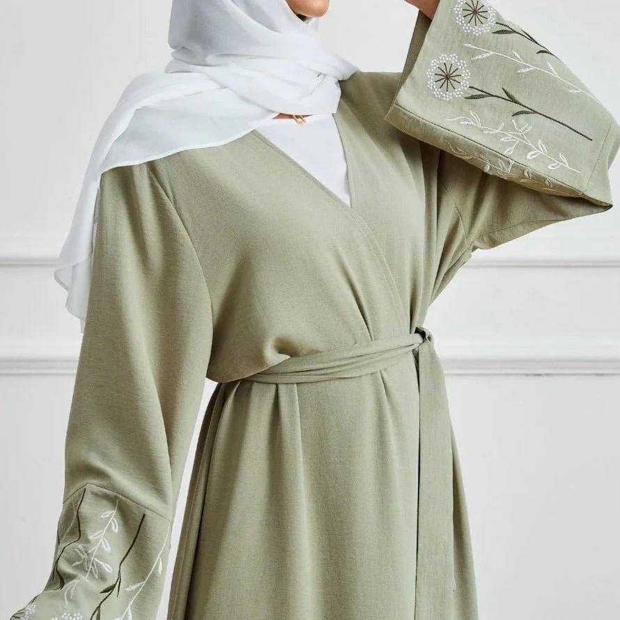 Olive Green Embroidered Abaya Set | Muslim Fashion Cardigan with Belt & Floral Embroidery (MOA166) - Image 7