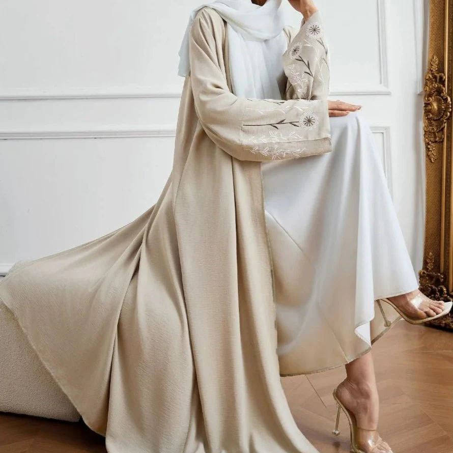 Olive Green Embroidered Abaya Set | Muslim Fashion Cardigan with Belt & Floral Embroidery (MOA166) - Image 8