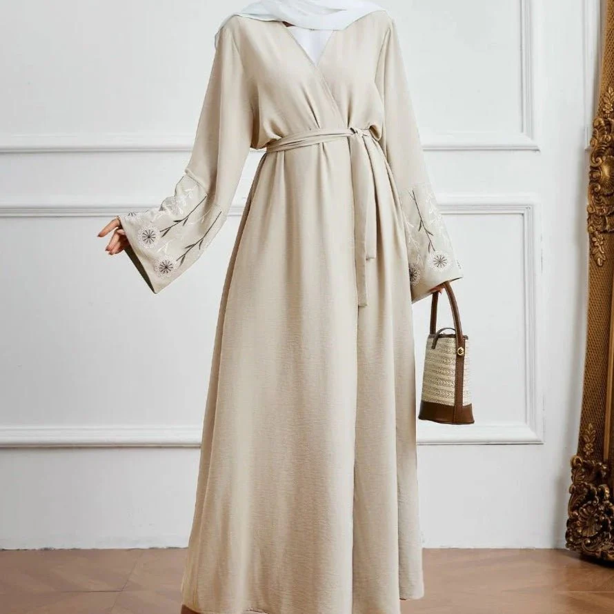 Olive Green Embroidered Abaya Set | Muslim Fashion Cardigan with Belt & Floral Embroidery (MOA166) - Image 9