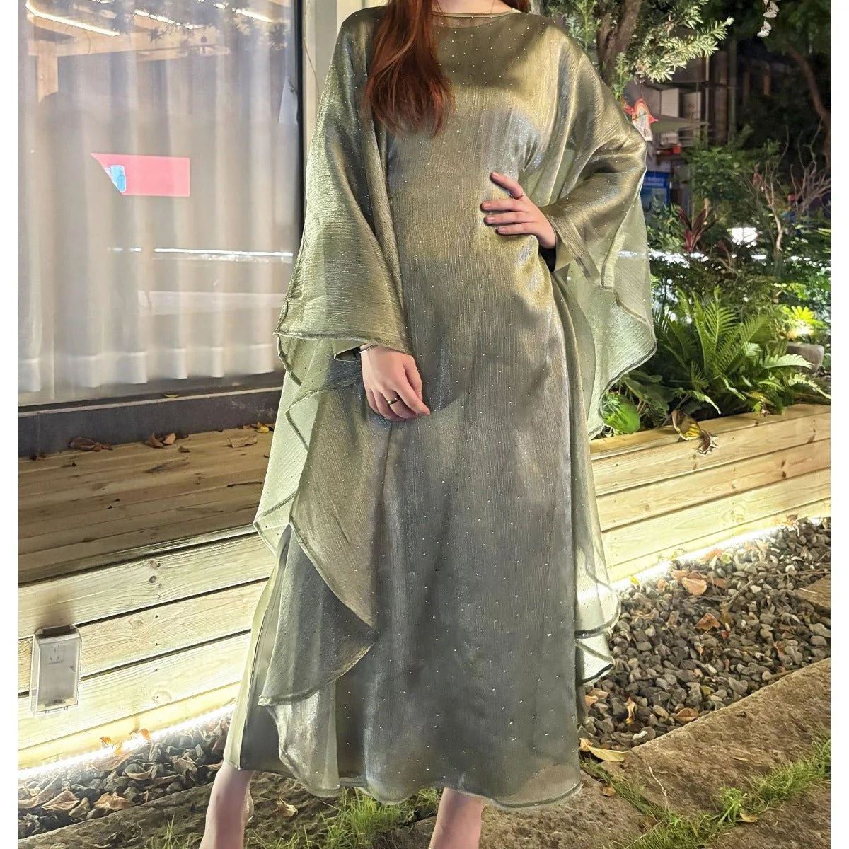 Olive Green Sequin Abaya Dress | Starry Night 2-Piece Maxi Dress with Flowing Cape (MA243) - Image 3