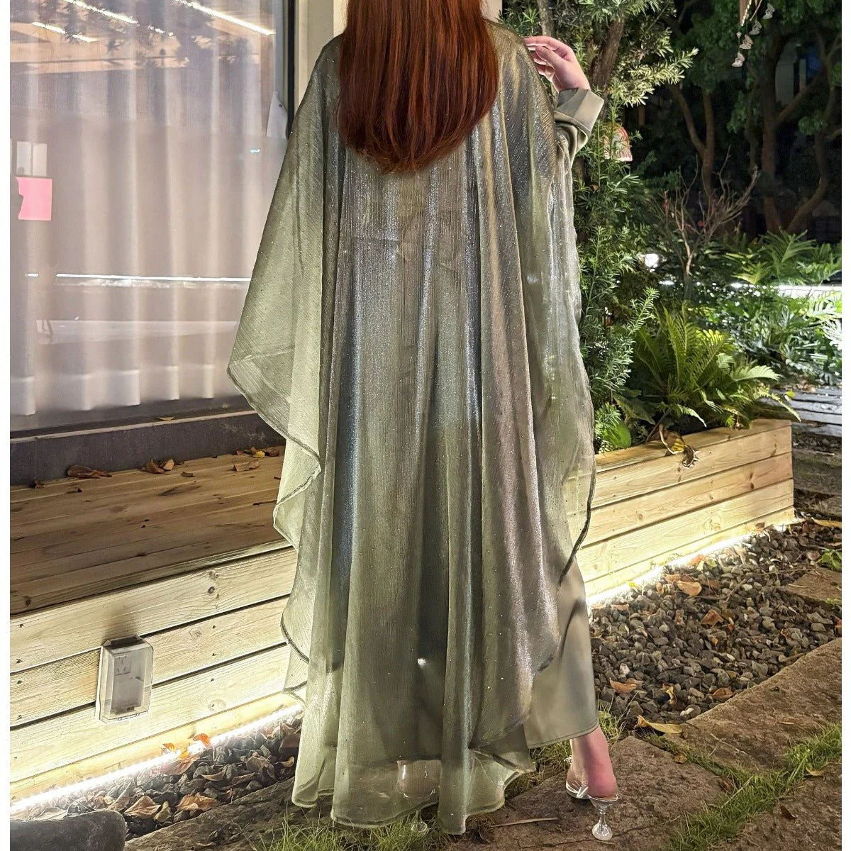 Olive Green Sequin Abaya Dress | Starry Night 2-Piece Maxi Dress with Flowing Cape (MA243) - Image 4