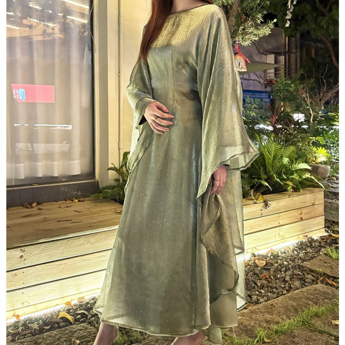 Olive Green Sequin Abaya Dress | Starry Night 2-Piece Maxi Dress with Flowing Cape (MA243) - Image 5