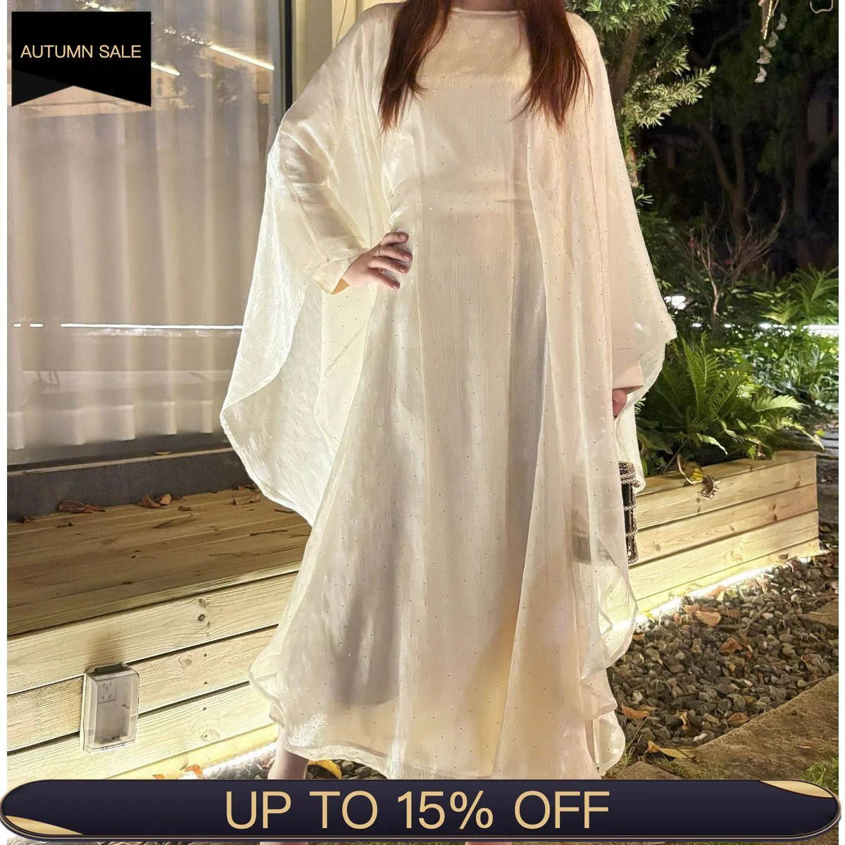 Olive Green Sequin Abaya Dress | Starry Night 2-Piece Maxi Dress with Flowing Cape (MA243) - Image 6