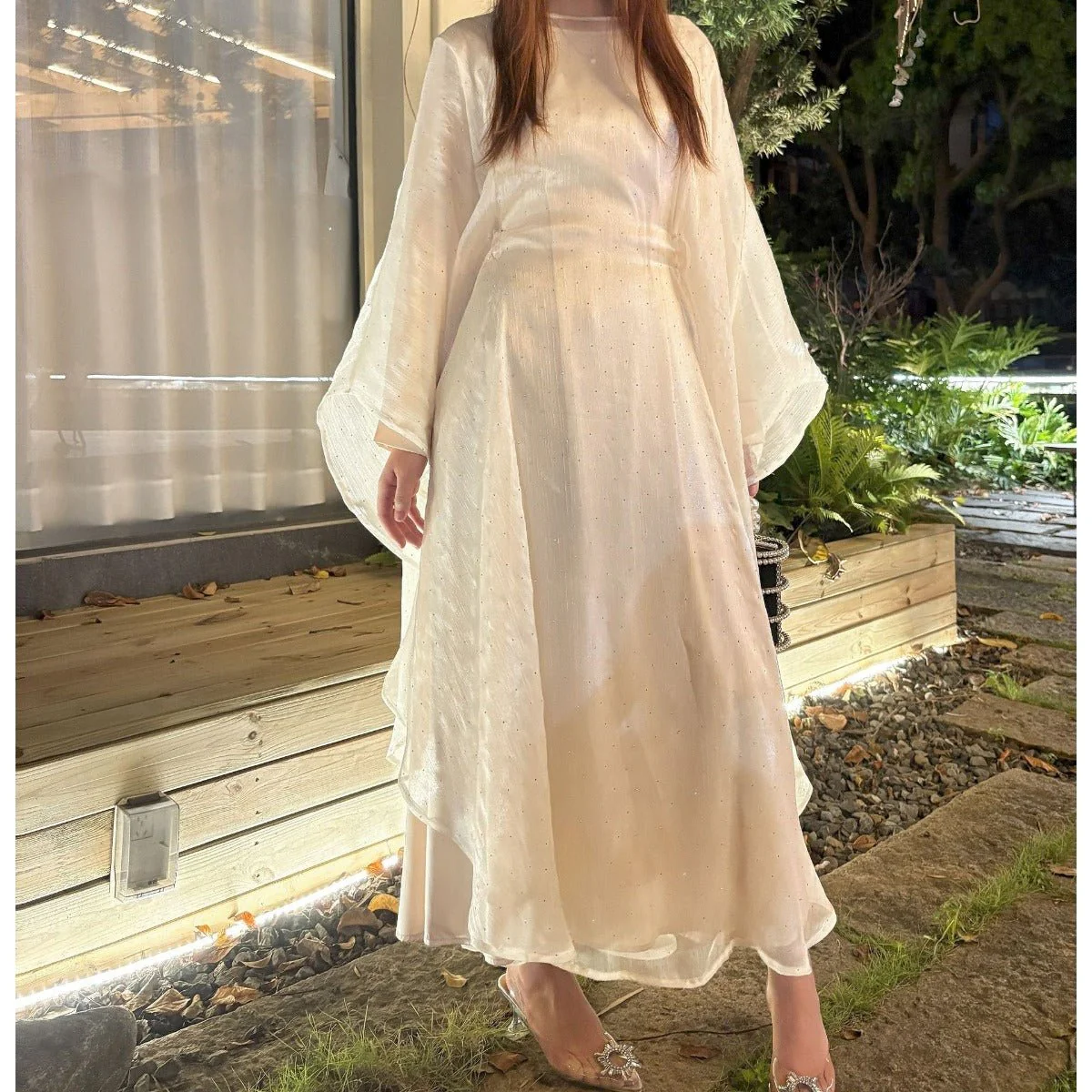 Olive Green Sequin Abaya Dress | Starry Night 2-Piece Maxi Dress with Flowing Cape (MA243) - Image 9