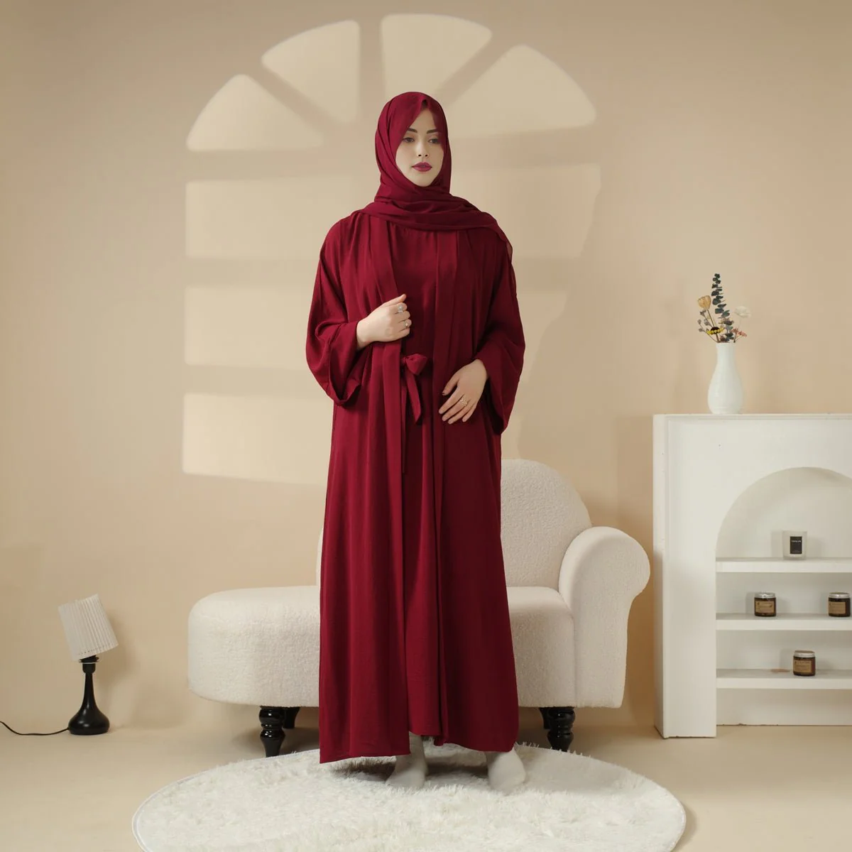 Open Crepe Abaya With Inner Dress & Matching Belt (MOA087) - Image 3