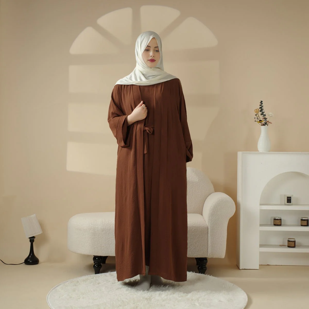 Open Crepe Abaya With Inner Dress & Matching Belt (MOA087) - Image 4